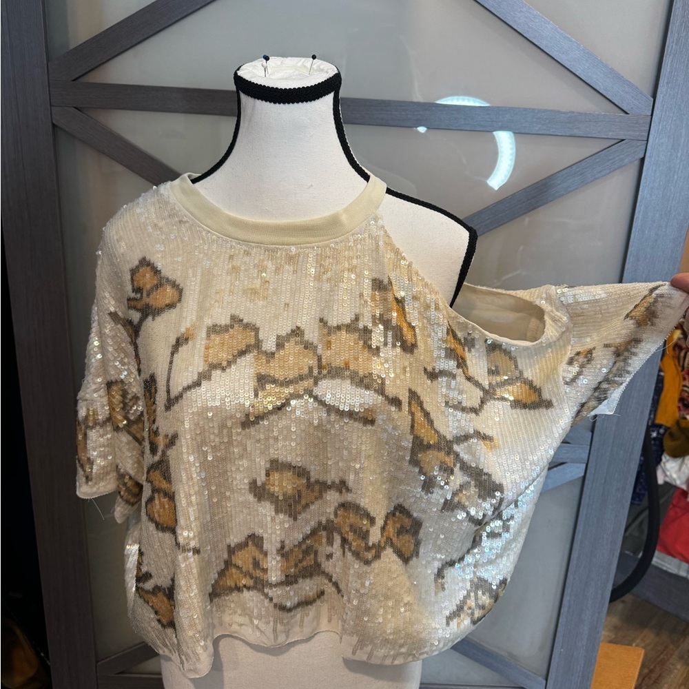 Free People Sequin Floral Short Sleeve Off One Shoulder Top - Cream & Gold